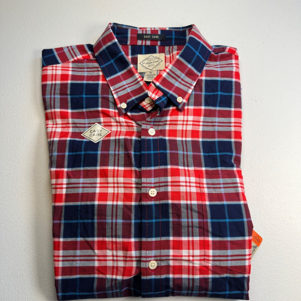 St. John's Bay Shirt Mens XL Red Navy Plaid Cotton Blend Oxford NWT